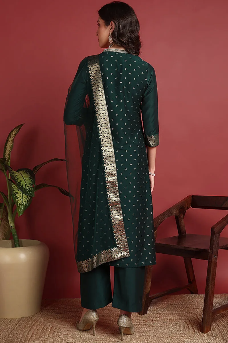 Green Silk Blend Woven Design Printed Straight Suit Set