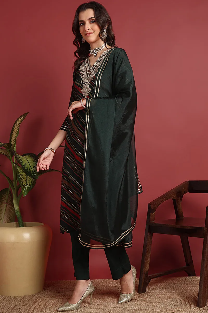 Green Viscose Rayon Leheriya Printed Straight Suit Set