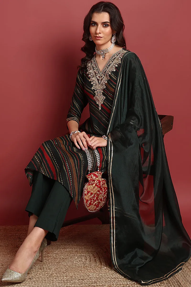 Green Viscose Rayon Leheriya Printed Straight Suit Set