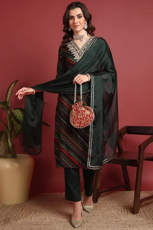 Green Viscose Rayon Leheriya Printed Straight Suit Set