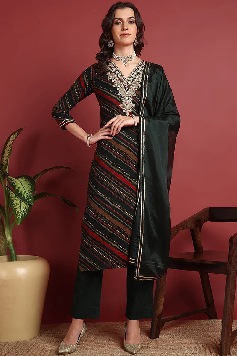 Green Viscose Rayon Leheriya Printed Straight Suit Set