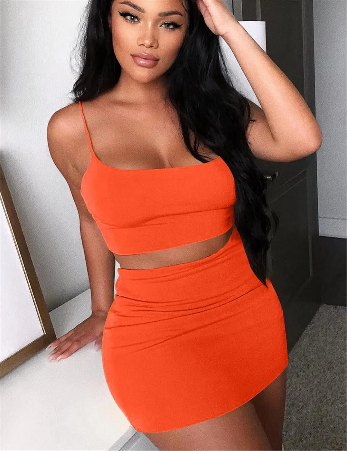 Kaximil Women's Summer 2 Piece Outfits Cami Crop Top Bodycon Skirt Mini Club Dress