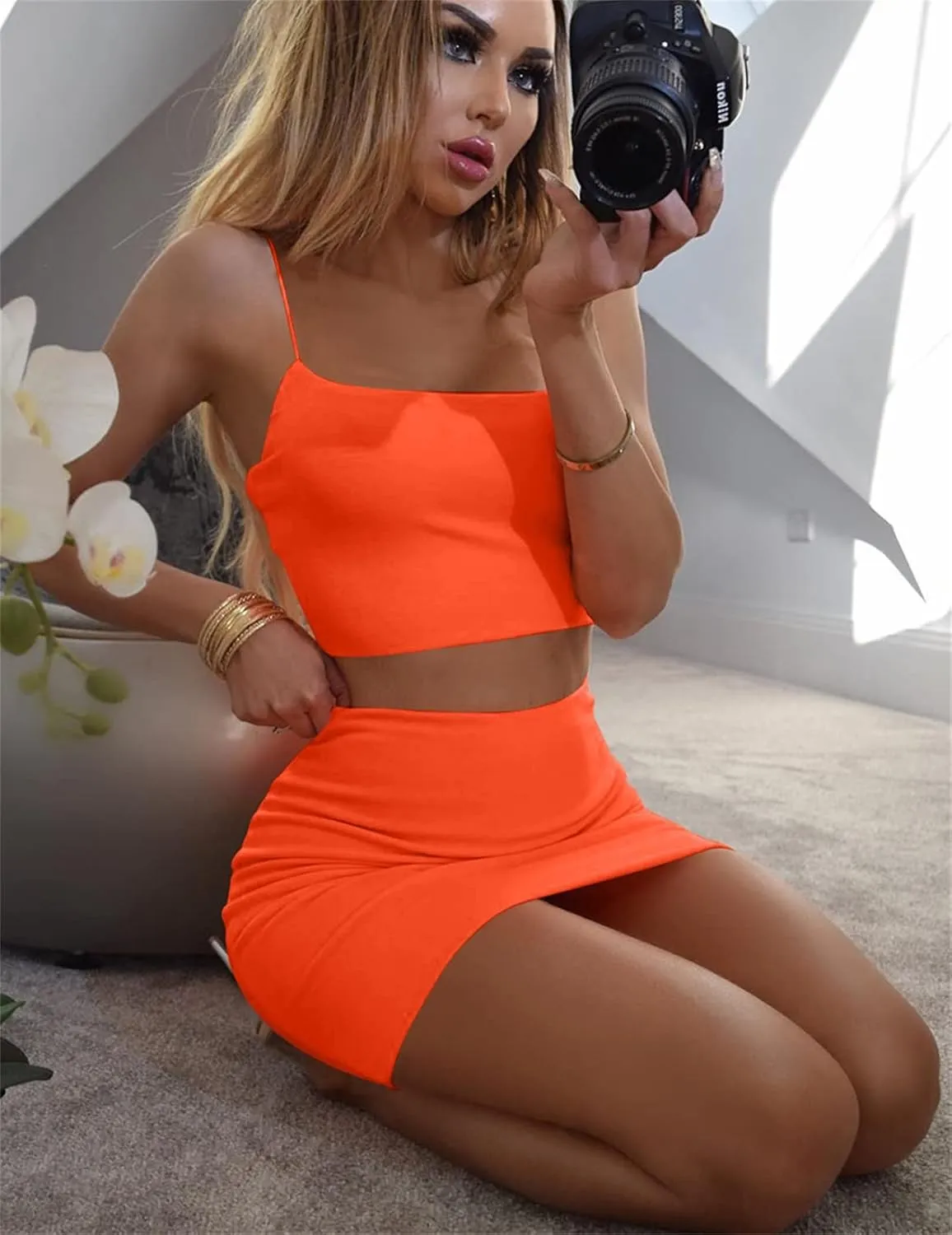 Kaximil Women's Summer 2 Piece Outfits Cami Crop Top Bodycon Skirt Mini Club Dress