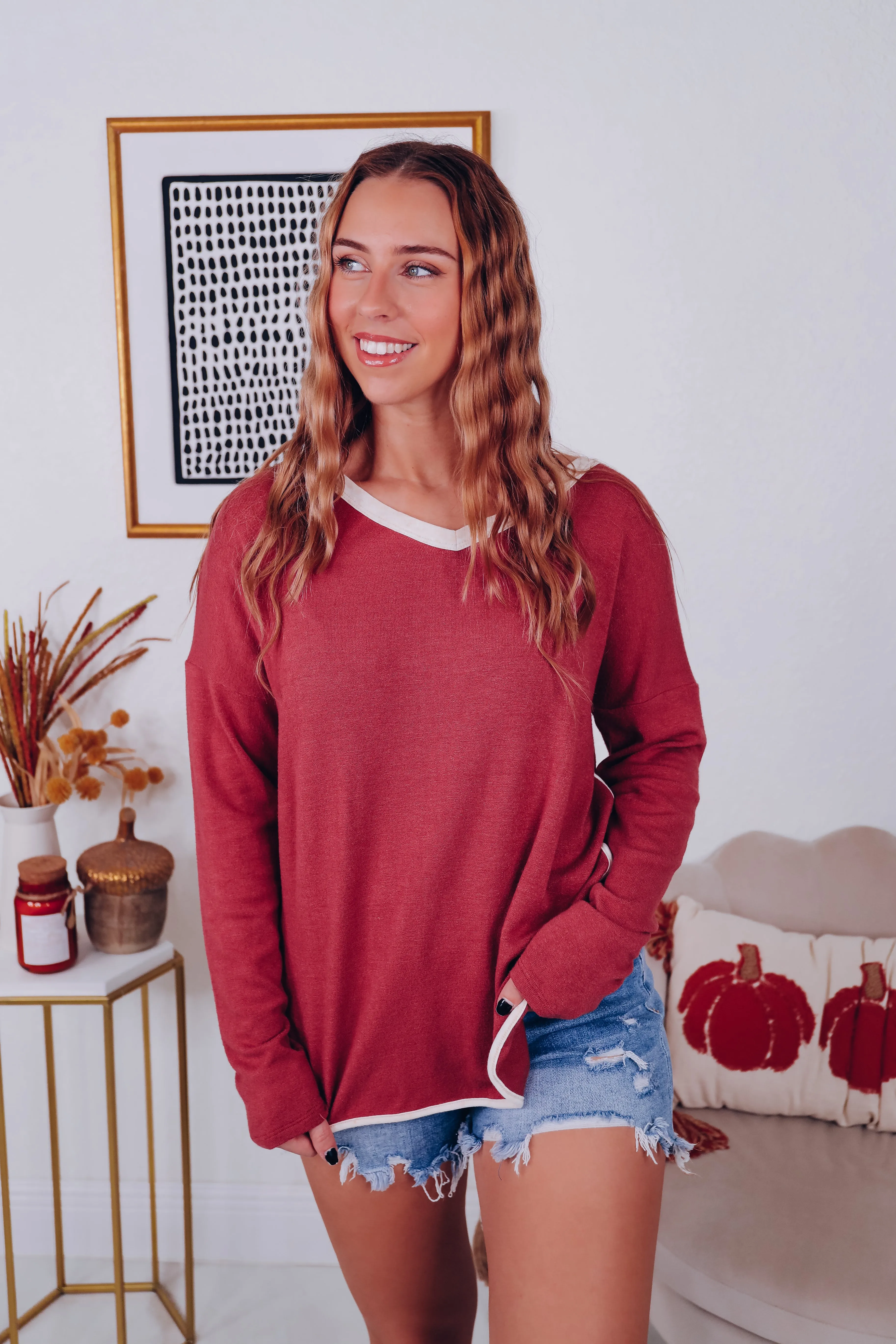 Keep it Casual White Trim Long Sleeve Top - Rose