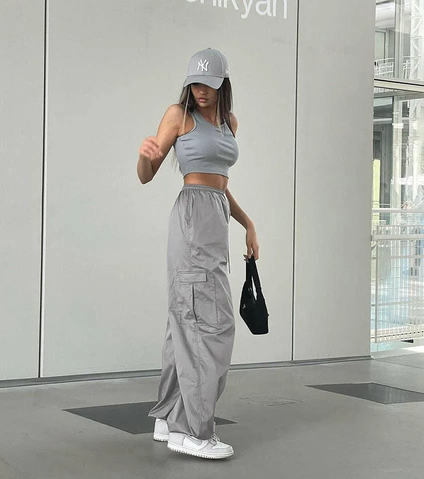 Ladies Solid Color Pockets Wide Leg Loose Pants C-K2051