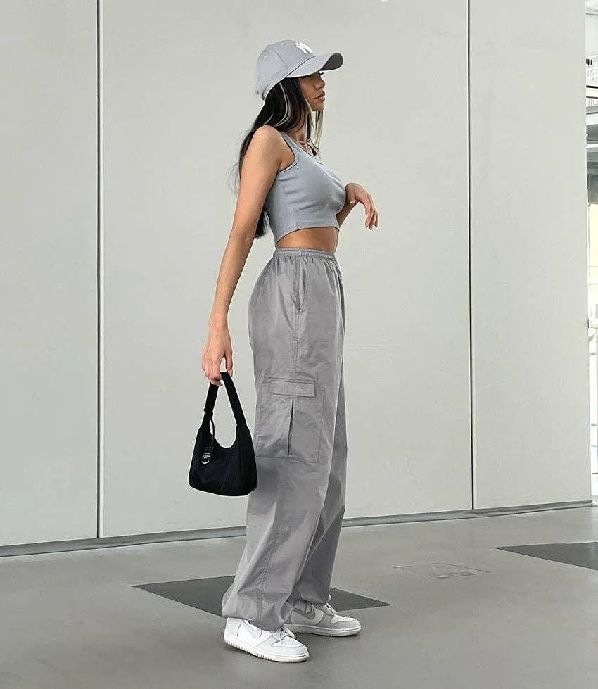 Ladies Solid Color Pockets Wide Leg Loose Pants C-K2051