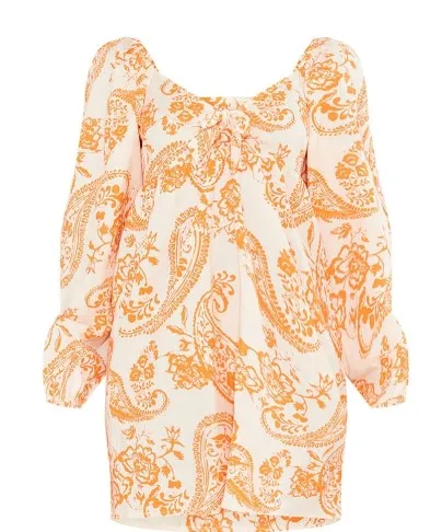Orange Paisley Print Tie Front Bardot Shift Dress
