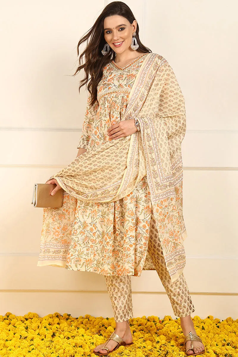 Orange Pure Cotton Floral Embroidered Straight Suit Set