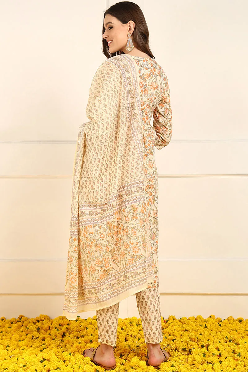 Orange Pure Cotton Floral Embroidered Straight Suit Set
