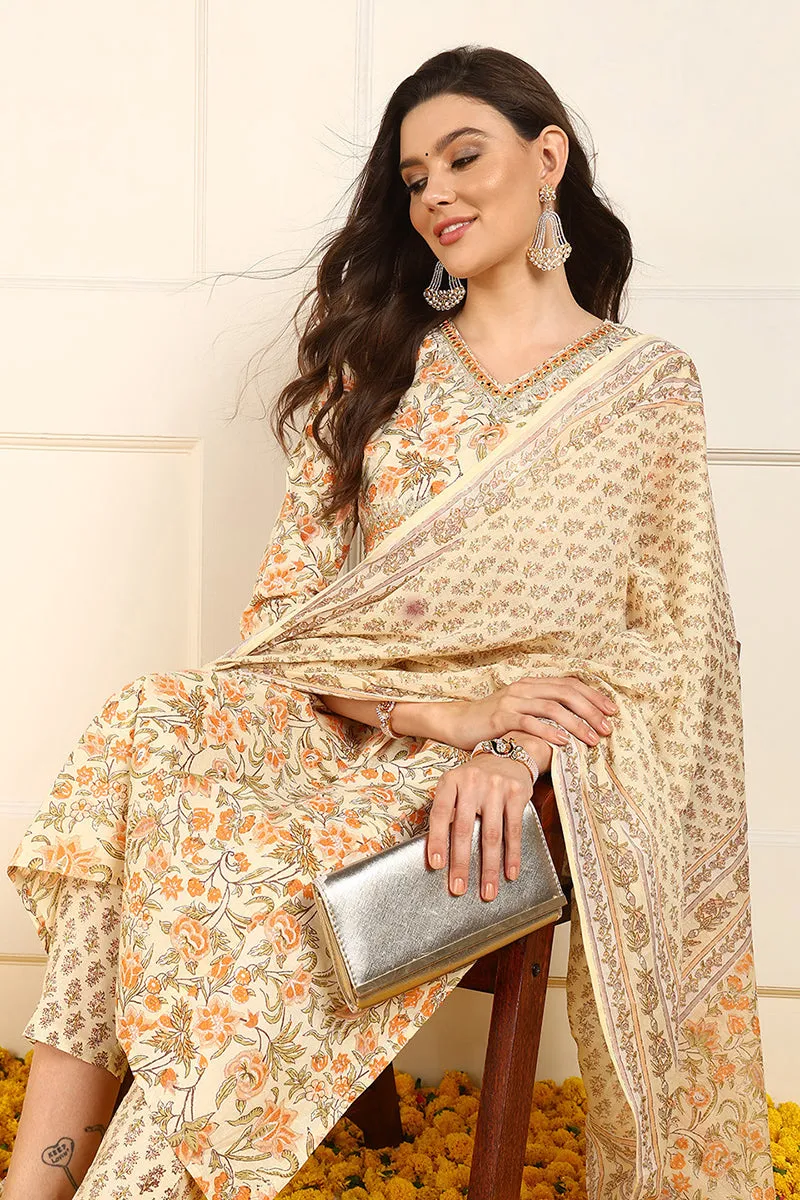 Orange Pure Cotton Floral Embroidered Straight Suit Set