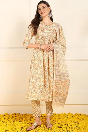 Orange Pure Cotton Floral Embroidered Straight Suit Set