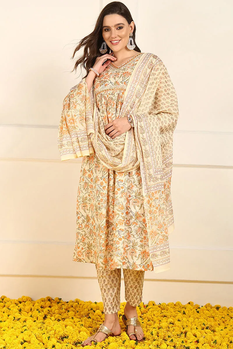 Orange Pure Cotton Floral Embroidered Straight Suit Set
