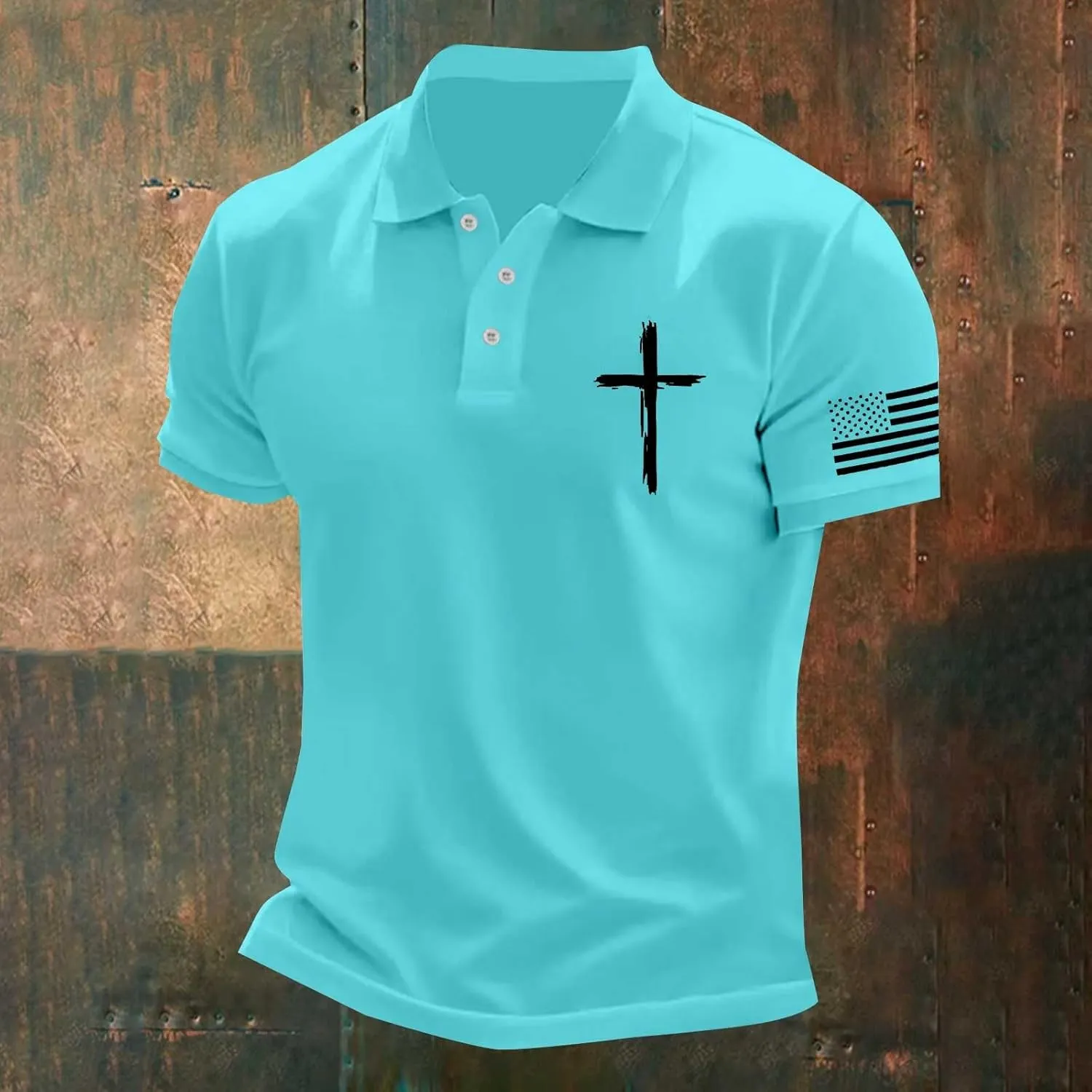Polo Shirts for Men Christian Cross American Flag Pirnt Golf T-Shirts Summer Short Sleeve Button Down Patriotic Tops
