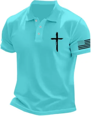 Polo Shirts for Men Christian Cross American Flag Pirnt Golf T-Shirts Summer Short Sleeve Button Down Patriotic Tops