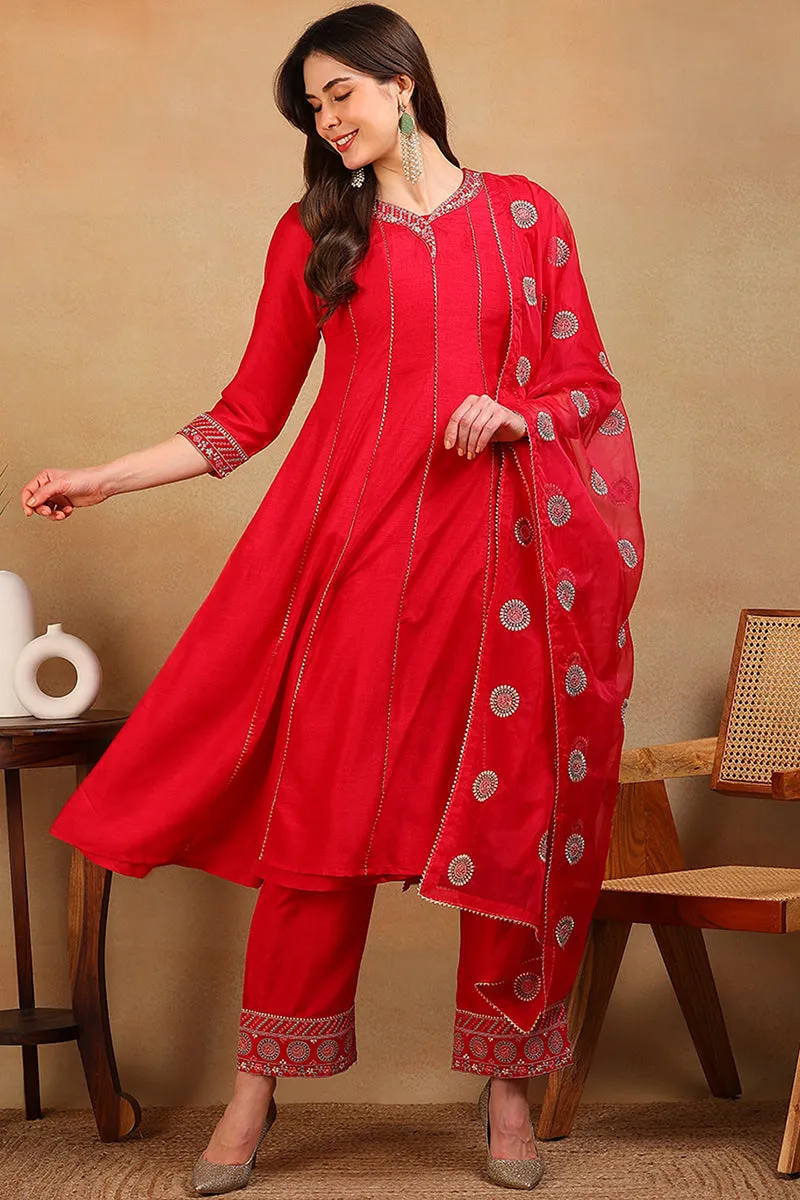 Red Silk Blend Solid Embroidered Flared Empire Suit Set