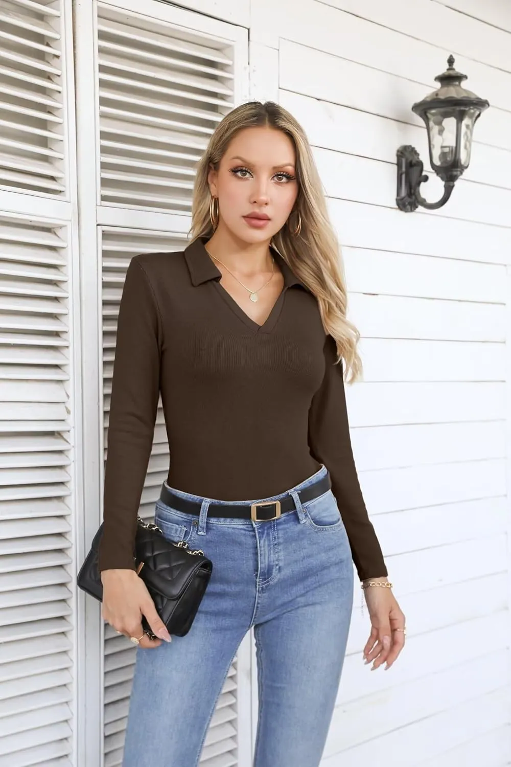 VICHYIE Womens Long Sleeve Shirts Lapel V Neck Slim Fitted Ribbed Knit Trendy Tight Polo Tops