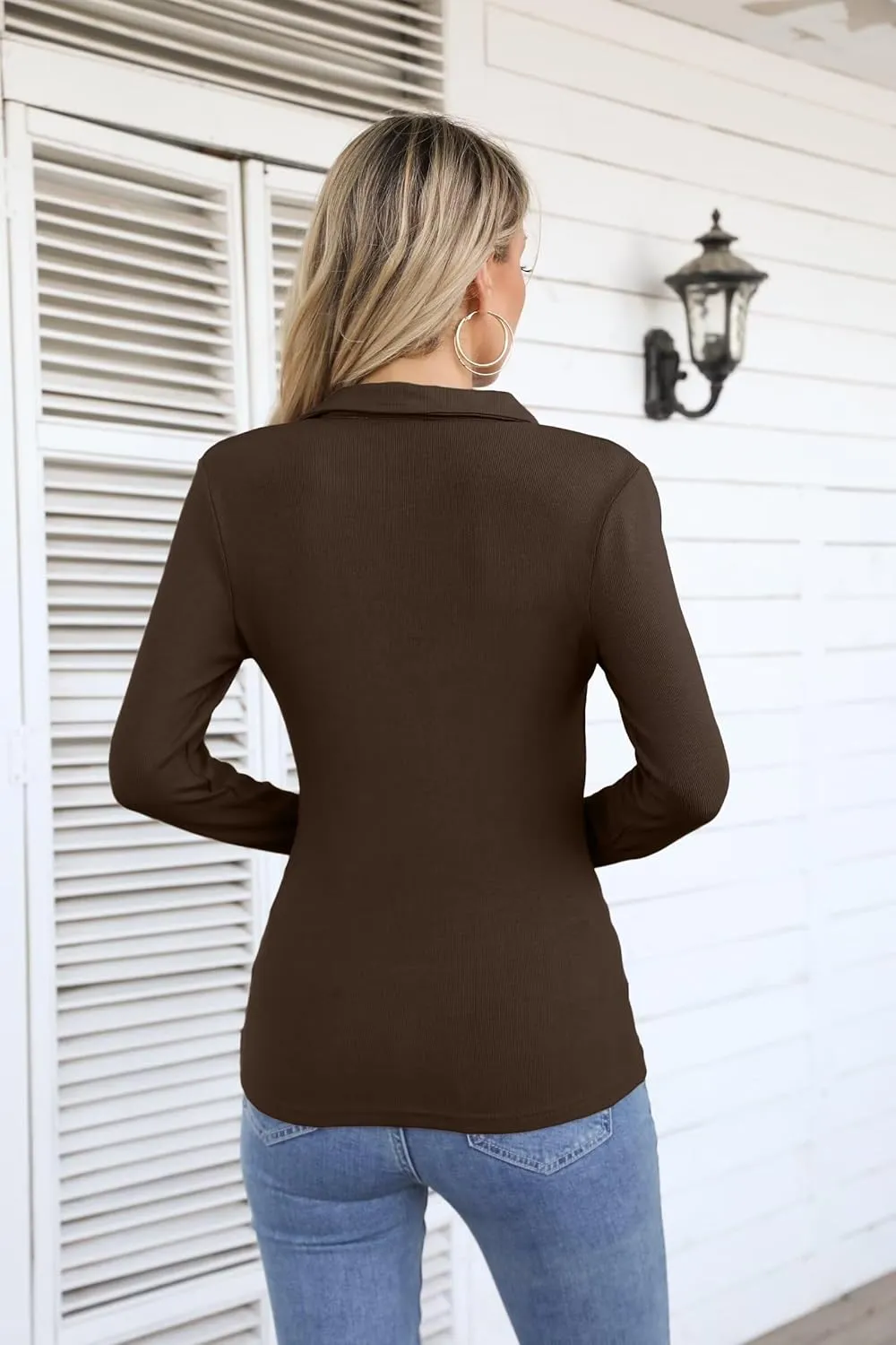 VICHYIE Womens Long Sleeve Shirts Lapel V Neck Slim Fitted Ribbed Knit Trendy Tight Polo Tops