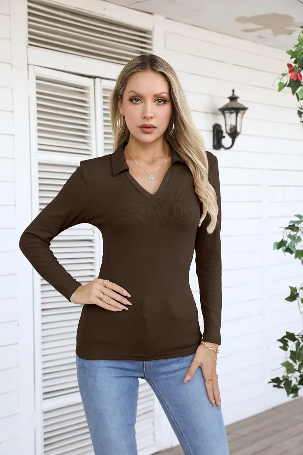 VICHYIE Womens Long Sleeve Shirts Lapel V Neck Slim Fitted Ribbed Knit Trendy Tight Polo Tops
