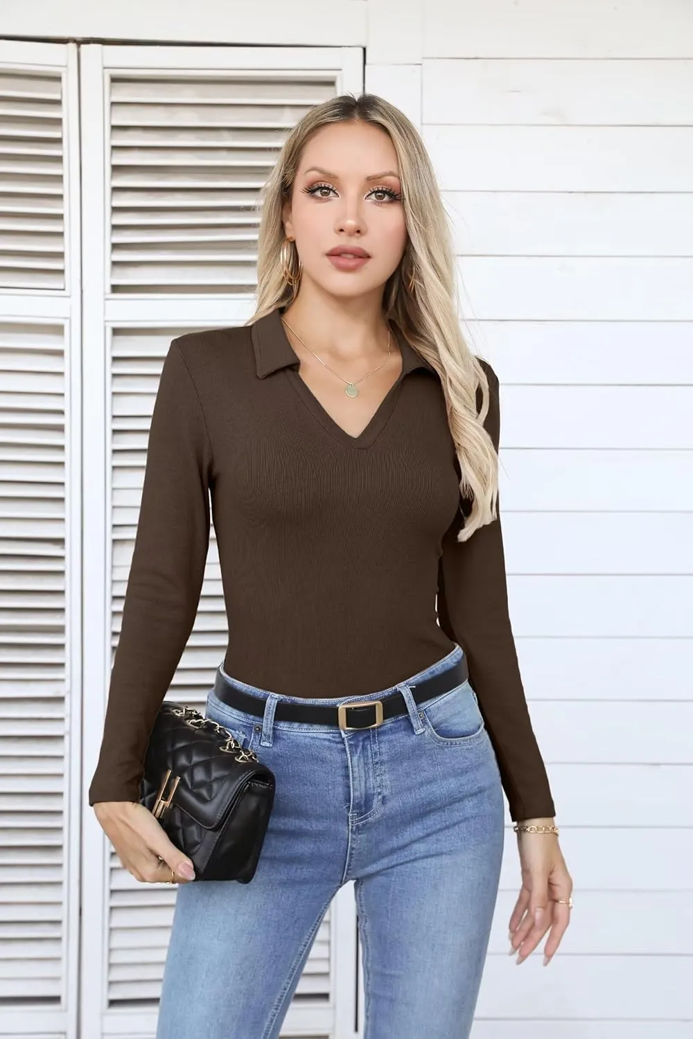 VICHYIE Womens Long Sleeve Shirts Lapel V Neck Slim Fitted Ribbed Knit Trendy Tight Polo Tops
