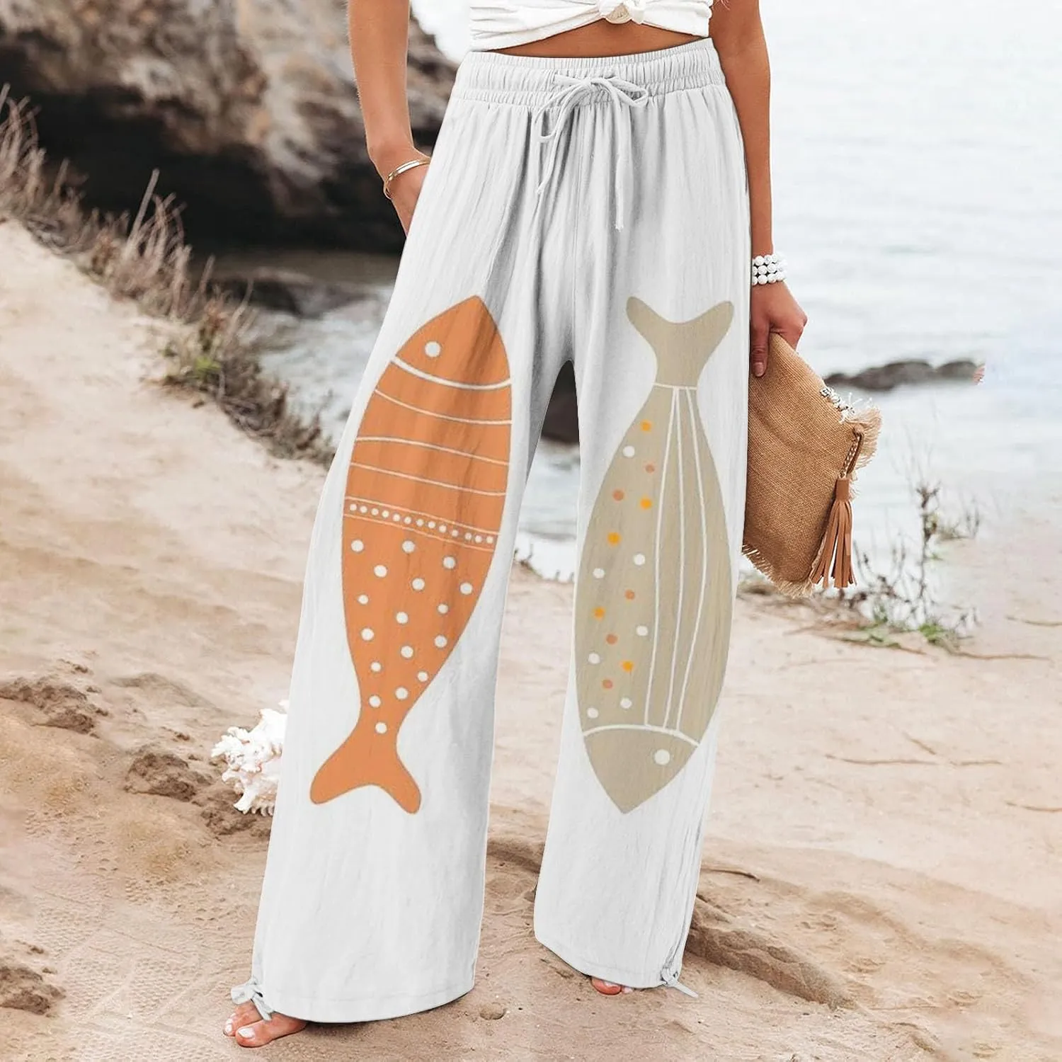 Women High Waisted Cotton Linen Palazzo Pants Dog Fish Graphic Wide Leg Long Japanese Pants Trousers with Pockets