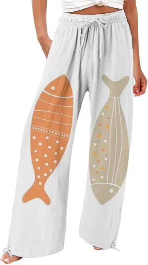 Women High Waisted Cotton Linen Palazzo Pants Dog Fish Graphic Wide Leg Long Japanese Pants Trousers with Pockets