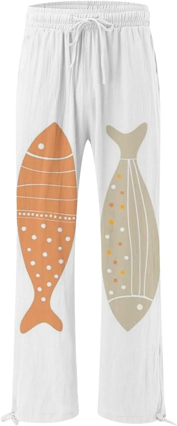 Women High Waisted Cotton Linen Palazzo Pants Dog Fish Graphic Wide Leg Long Japanese Pants Trousers with Pockets