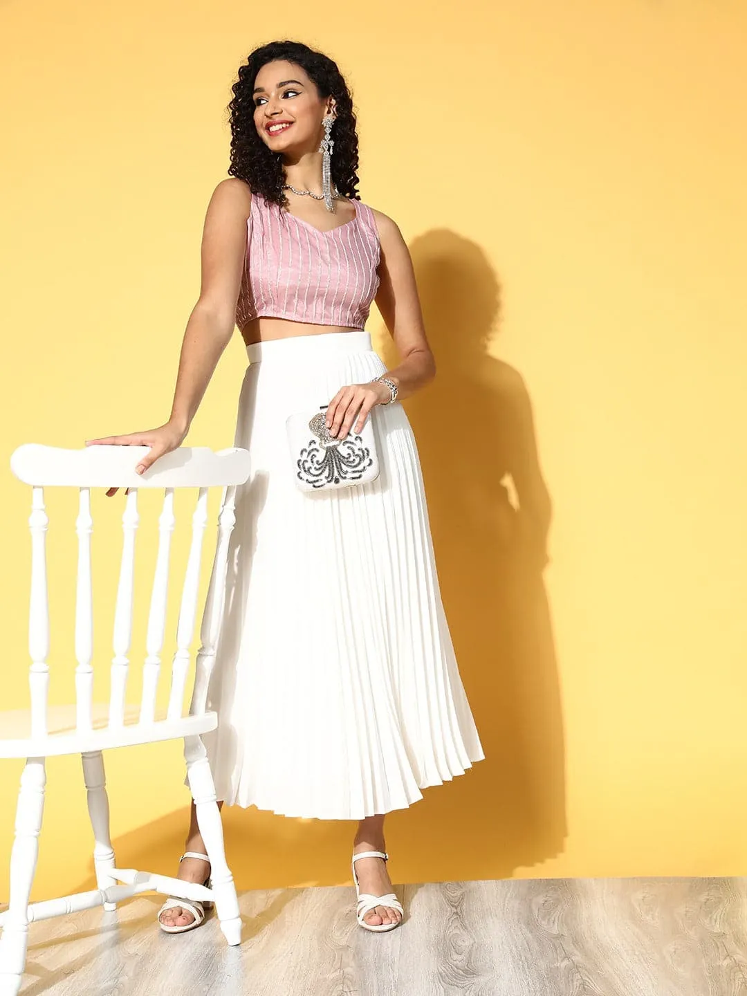 Women Lavender Embroidered Gota Sleeveless Crop Top