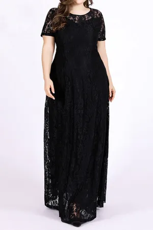 Women Plus Flower Lace Floor Length Dress - C12728ZWD