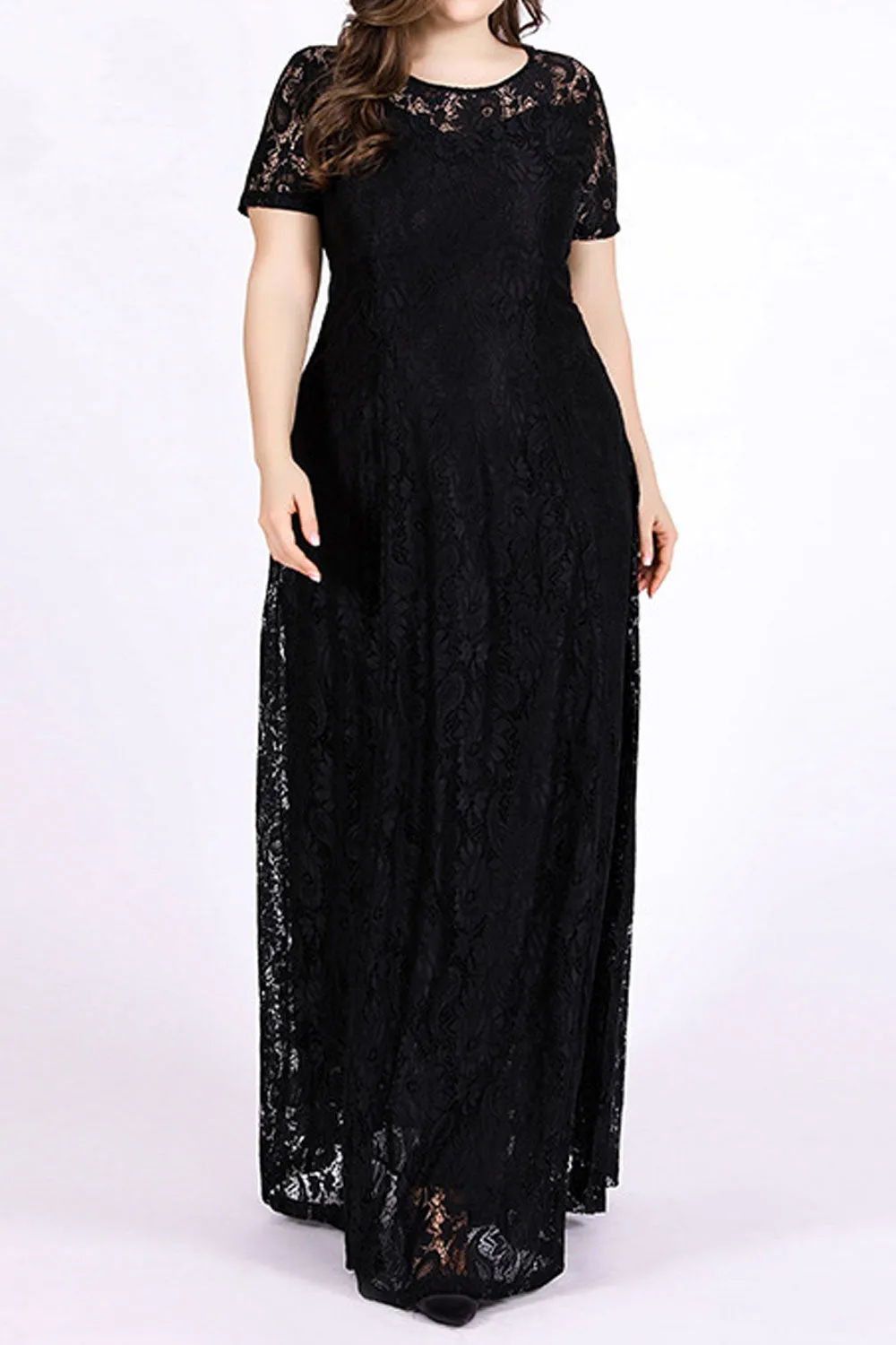 Women Plus Flower Lace Floor Length Dress - C12728ZWD