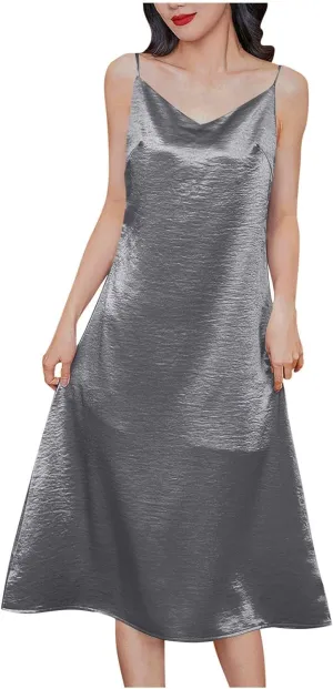 Women Spaghetti Strap Midi Satin Silk Slip Dress Sexy Cowl Neck Party Cocktail Dresses Sling Backless Mermaid Dress