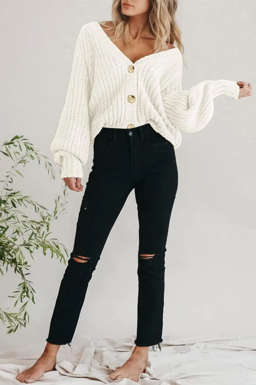 Womens Chunky Knit Pure Colour Open Front Sweater Long Sleeve Button Loose Short Cardigan Outerwear Coats