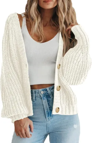 Womens Chunky Knit Pure Colour Open Front Sweater Long Sleeve Button Loose Short Cardigan Outerwear Coats