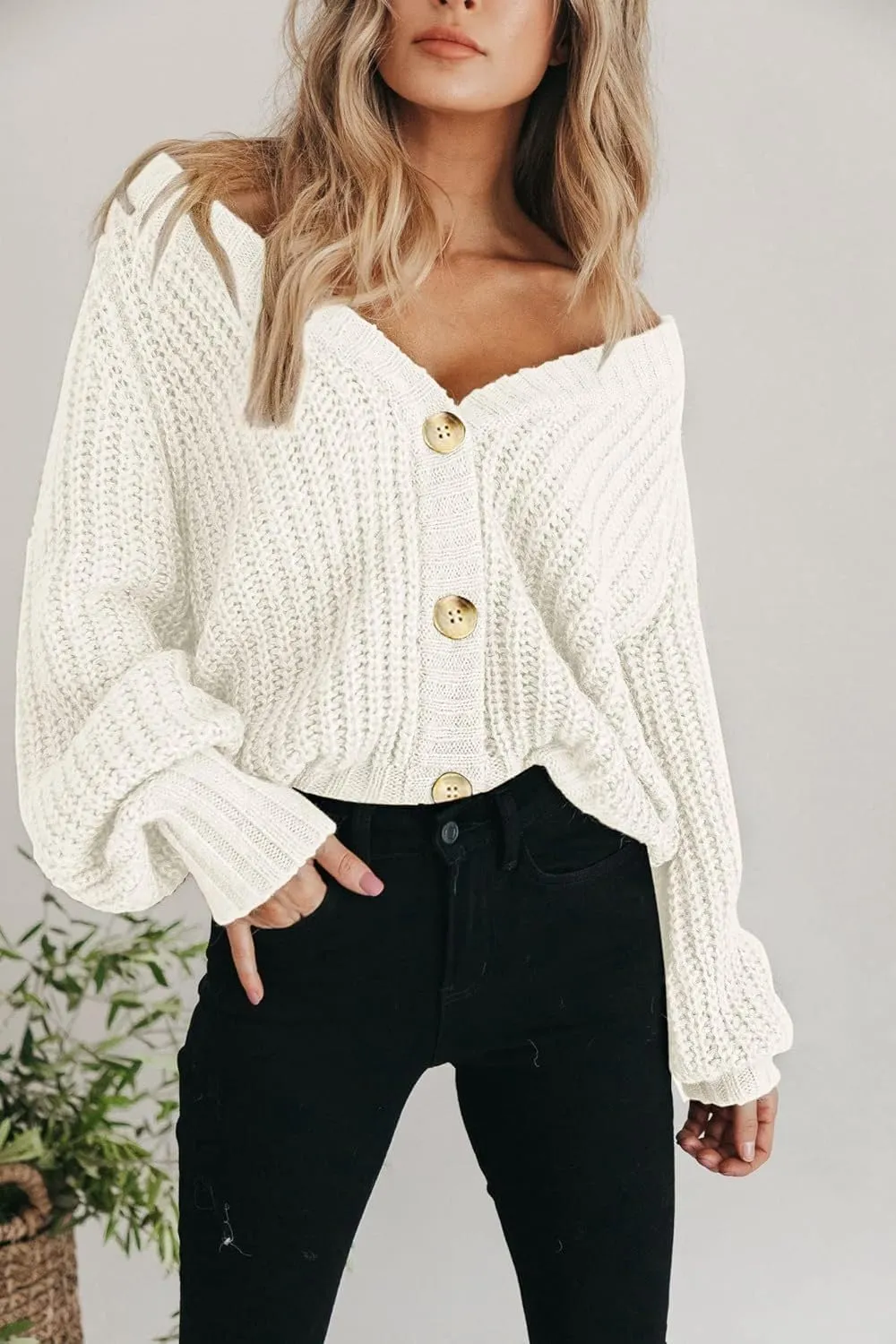 Womens Chunky Knit Pure Colour Open Front Sweater Long Sleeve Button Loose Short Cardigan Outerwear Coats