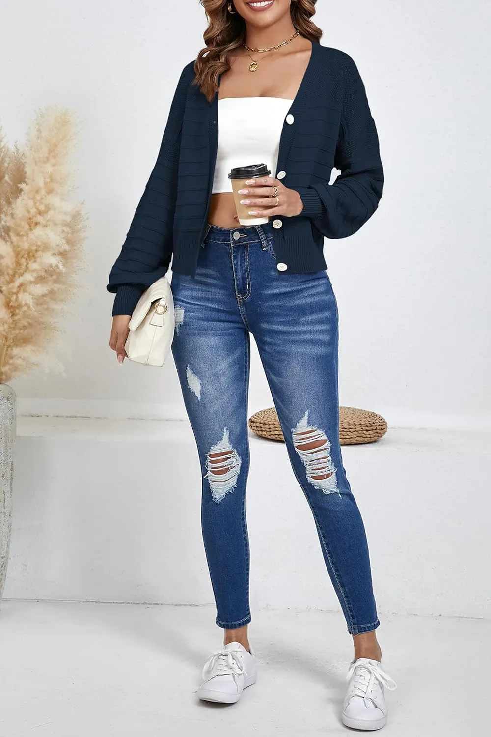 Women's Cropped Cardigan Lightweight Button Down V Neck Knit Dressy Casual Short Cardigan Sweaters
