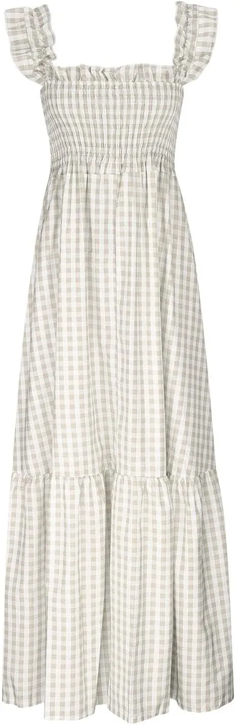 Women's Retro Plaid Smocked Dress Square Neck Spaghetti Strap Summer Boho Ruffle Casual Flowy Beach Maxi Dresses
