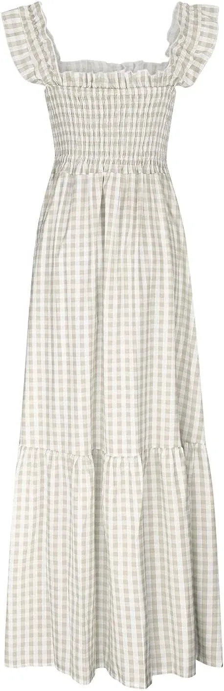 Women's Retro Plaid Smocked Dress Square Neck Spaghetti Strap Summer Boho Ruffle Casual Flowy Beach Maxi Dresses