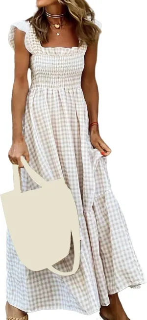Women's Retro Plaid Smocked Dress Square Neck Spaghetti Strap Summer Boho Ruffle Casual Flowy Beach Maxi Dresses