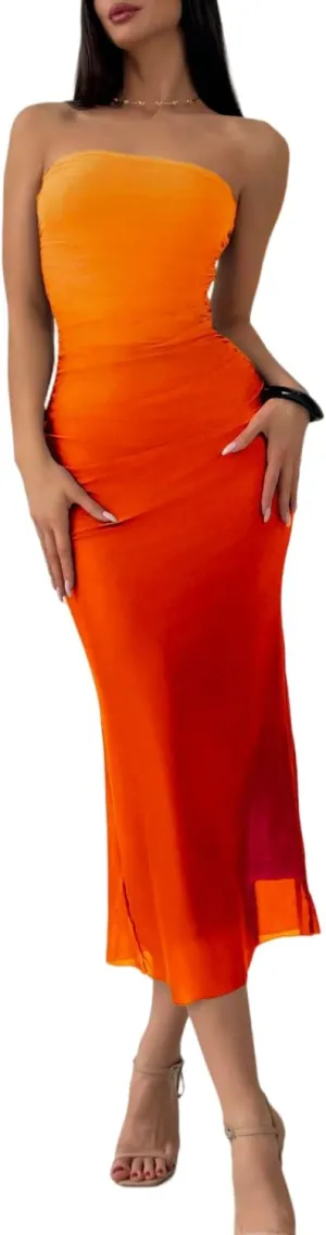 Women's Summer Dress Gradient Strapless Tube Dress Bodycon Long Dress Side Slit Mesh Layered