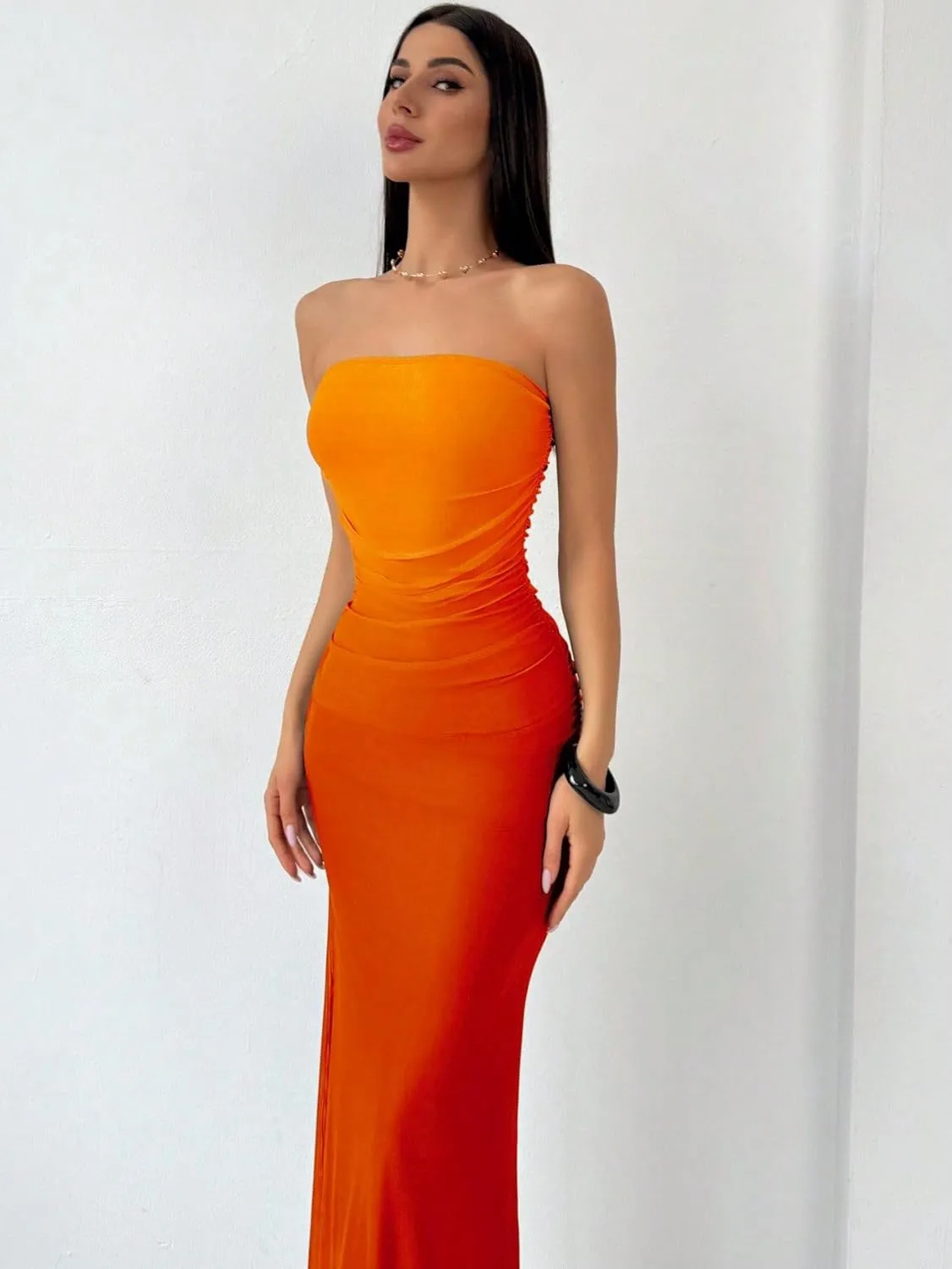 Women's Summer Dress Gradient Strapless Tube Dress Bodycon Long Dress Side Slit Mesh Layered