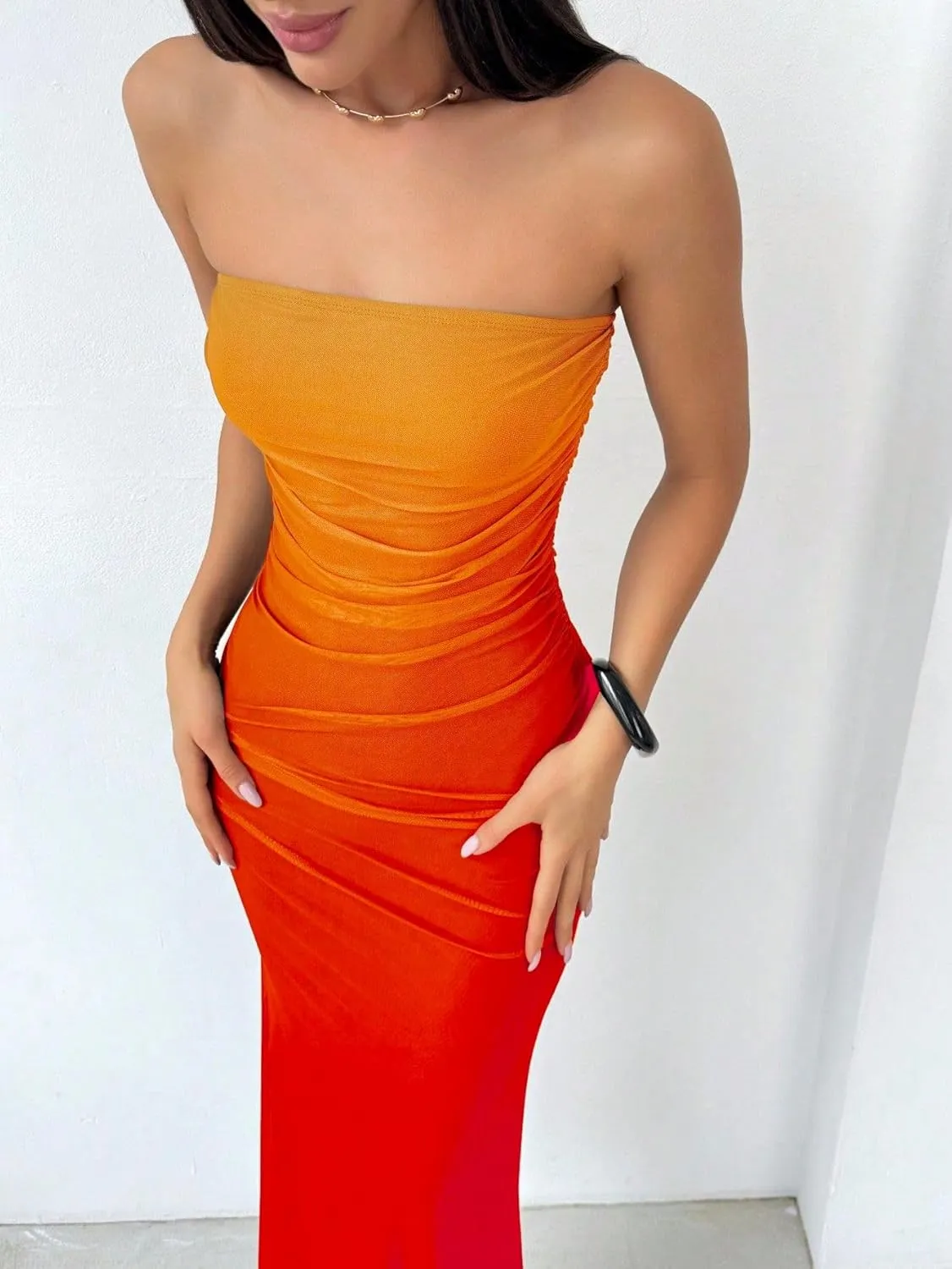 Women's Summer Dress Gradient Strapless Tube Dress Bodycon Long Dress Side Slit Mesh Layered