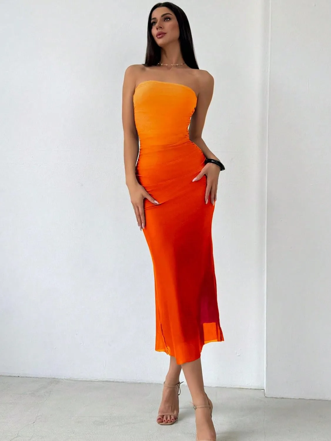 Women's Summer Dress Gradient Strapless Tube Dress Bodycon Long Dress Side Slit Mesh Layered