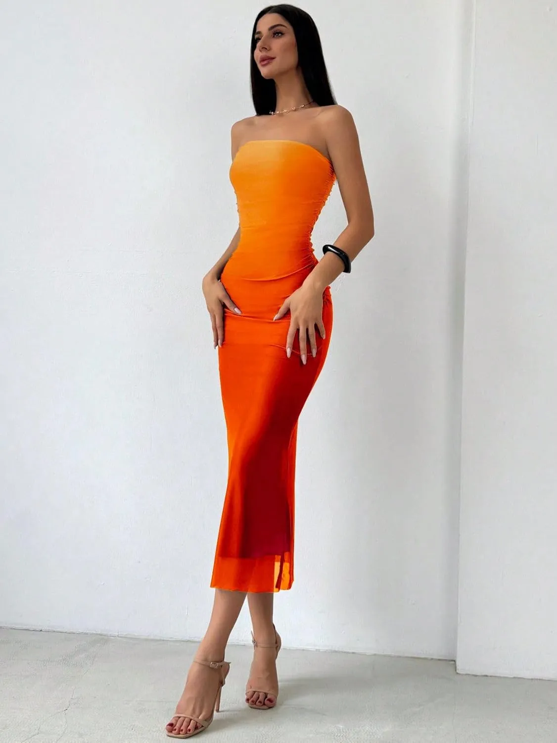 Women's Summer Dress Gradient Strapless Tube Dress Bodycon Long Dress Side Slit Mesh Layered