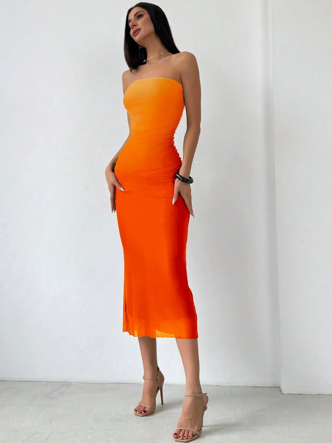 Women's Summer Dress Gradient Strapless Tube Dress Bodycon Long Dress Side Slit Mesh Layered
