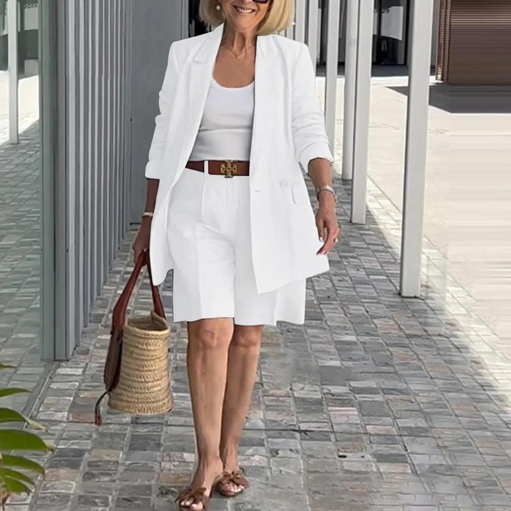 ZOCAVIA Womens Blazer Shorts Set Suit Set 2 Piece Dressy Short Sets Solid Open Front Long Sleeve Suit Jackets and Short Pants
